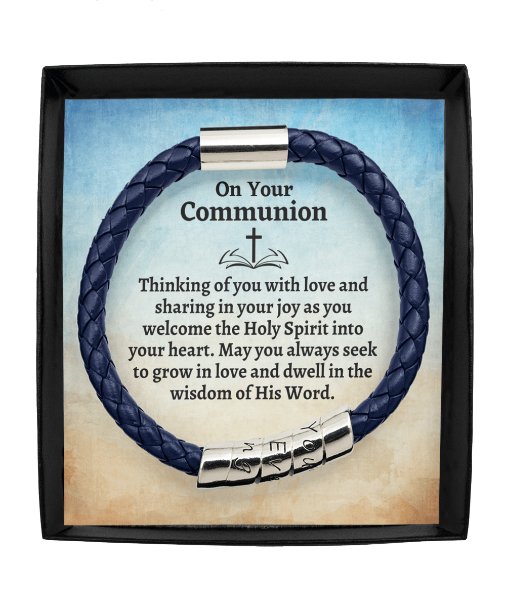 First Holy Communion Gift - Thinking of You - Catholic Leather Bracelet Gift for Teen Boys - Religious Gift for Adult Men - Godson Communion Man Blue Bracelet