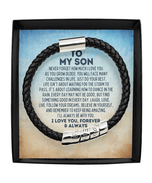 Gift for Son Vegan Leather Bracelet - Graduation Gift for Son - Son Birthday Gift- Son Wedding Gift - Motivational Gifts for Son Man Black Bracelet