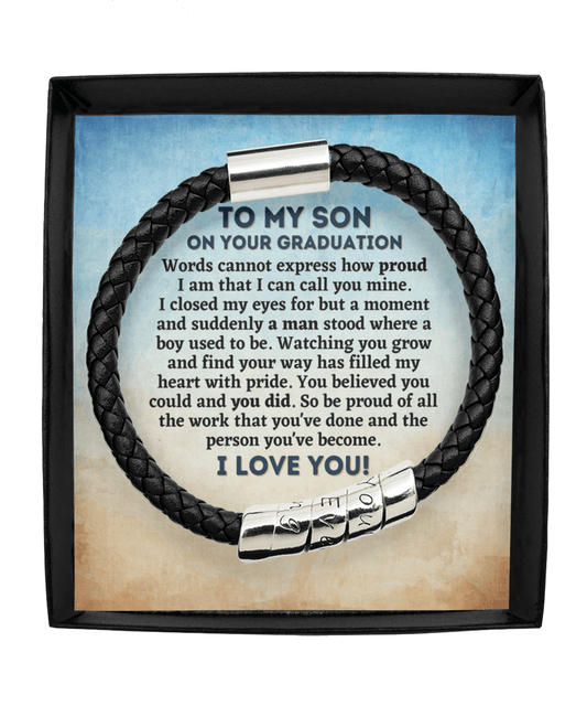 To My Son Graduation Gift - Vegan Leather Bracelet - College Graduation Gift for Him - High School Graduate Jewelry Man Black Bracelet