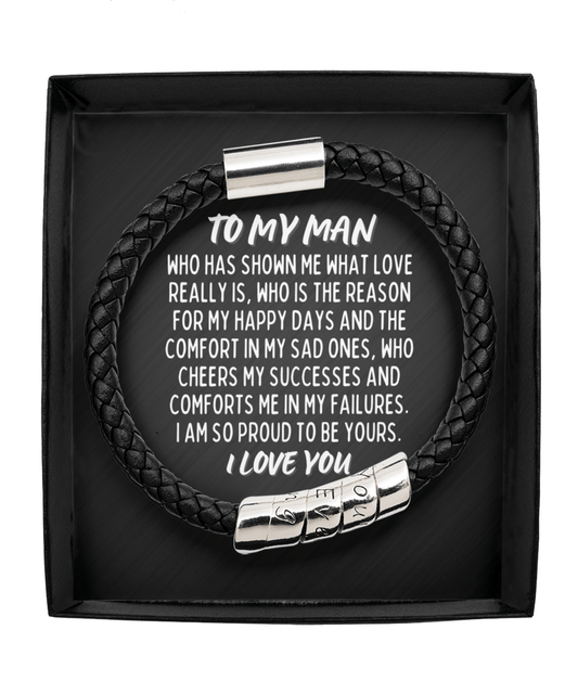 To My Man Vegan Leather Bracelet - Proud to be Yours - Gift for Husband, Boyfriend, Fiance, Soulmate - Anniversary Valentines Fathers Day Man Black Bracelet