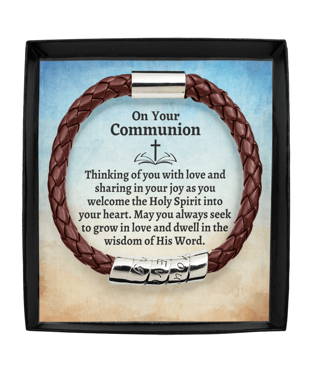 First Holy Communion Gift - Thinking of You - Catholic Leather Bracelet Gift for Teen Boys - Religious Gift for Adult Men - Godson Communion Man Brown Bracelet