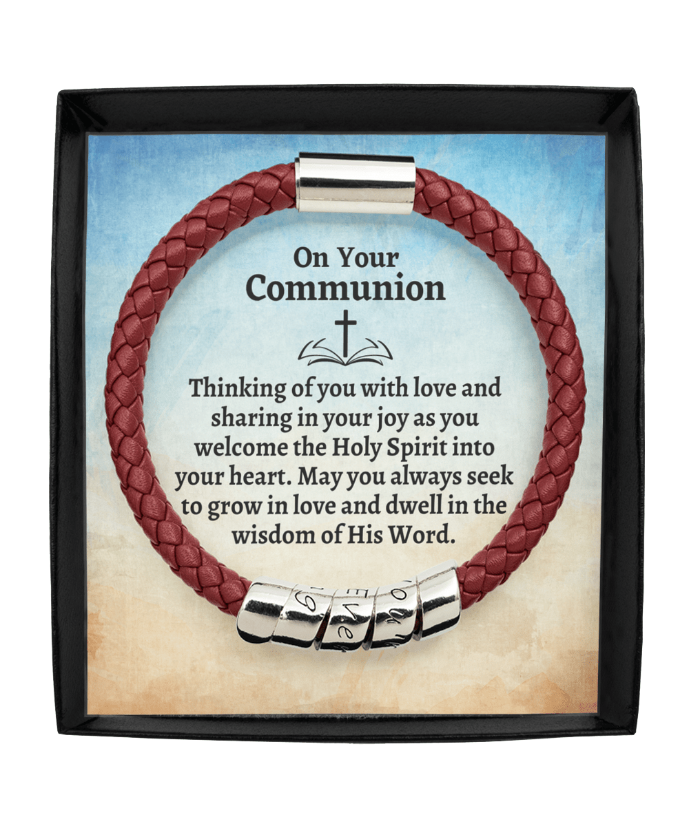 First Holy Communion Gift - Thinking of You - Catholic Leather Bracelet Gift for Teen Boys - Religious Gift for Adult Men - Godson Communion Man Maroon Bracelet