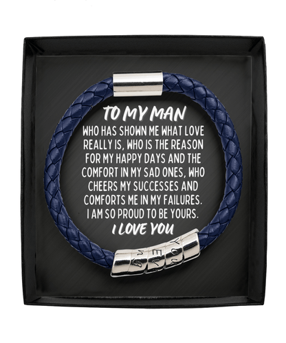 To My Man Vegan Leather Bracelet - Proud to be Yours - Gift for Husband, Boyfriend, Fiance, Soulmate - Anniversary Valentines Fathers Day Man Blue Bracelet