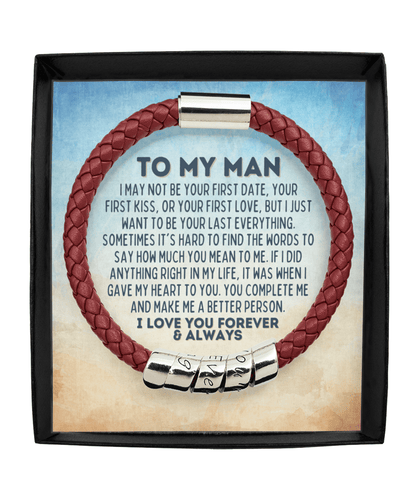 To My Man Vegan Leather Bracelet - Gift for Husband, Boyfriend, Fiance, Soulmate - Anniversary Valentine's Day Fathers Day Gift Man Maroon Bracelet