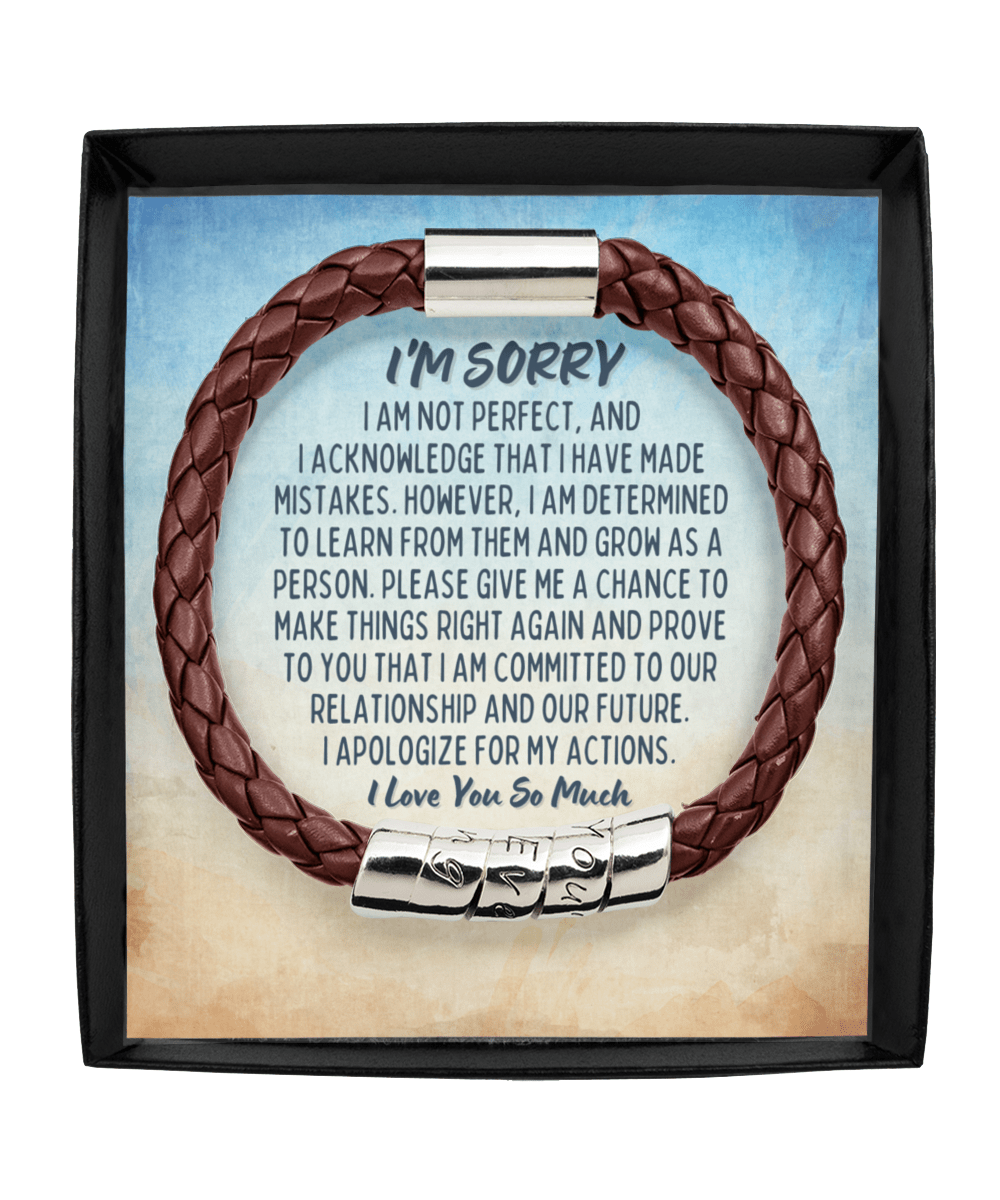 Apology Gift For Man - I'm Sorry Gift For Him - Vegan Leather Mens Bracelet - Forgiveness Gift For Boyfriend - Forgive Me Gift For Husband Man Brown Bracelet