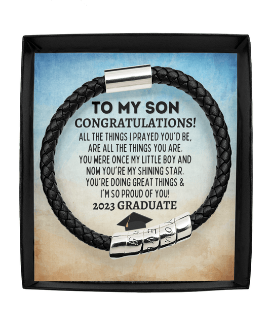 To My Son 2023 Graduate Vegan Leather Bracelet - Graduation Gift for Son - Class of 2023 College Graduation Gift - High School Grad Man Black Bracelet