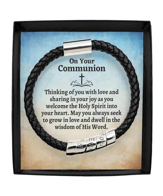 First Holy Communion Gift - Thinking of You - Catholic Leather Bracelet Gift for Teen Boys - Religious Gift for Adult Men - Godson Communion Man Black Bracelet