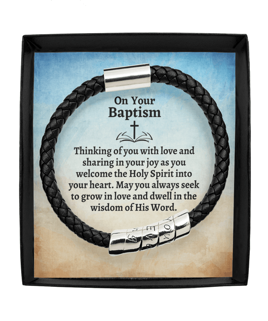 Baptism Gift Leather Bracelet - Thinking of You - Grandson Baptism - Catholic Teenager Baptism - Christian Jewelry - Baptism Gift for Adult Man Black Bracelet