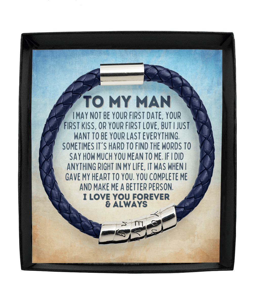 To My Man Vegan Leather Bracelet - Gift for Husband, Boyfriend, Fiance, Soulmate - Anniversary Valentine's Day Fathers Day Gift Man Blue Bracelet