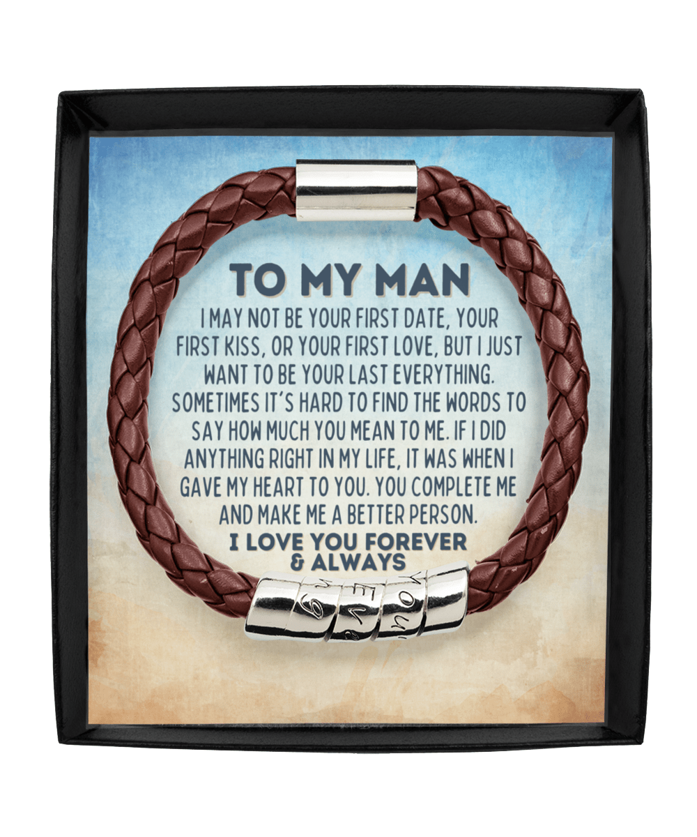 To My Man Vegan Leather Bracelet - Gift for Husband, Boyfriend, Fiance, Soulmate - Anniversary Valentine's Day Fathers Day Gift Man Brown Bracelet
