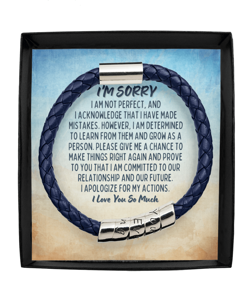 Apology Gift For Man - I'm Sorry Gift For Him - Vegan Leather Mens Bracelet - Forgiveness Gift For Boyfriend - Forgive Me Gift For Husband Man Blue Bracelet