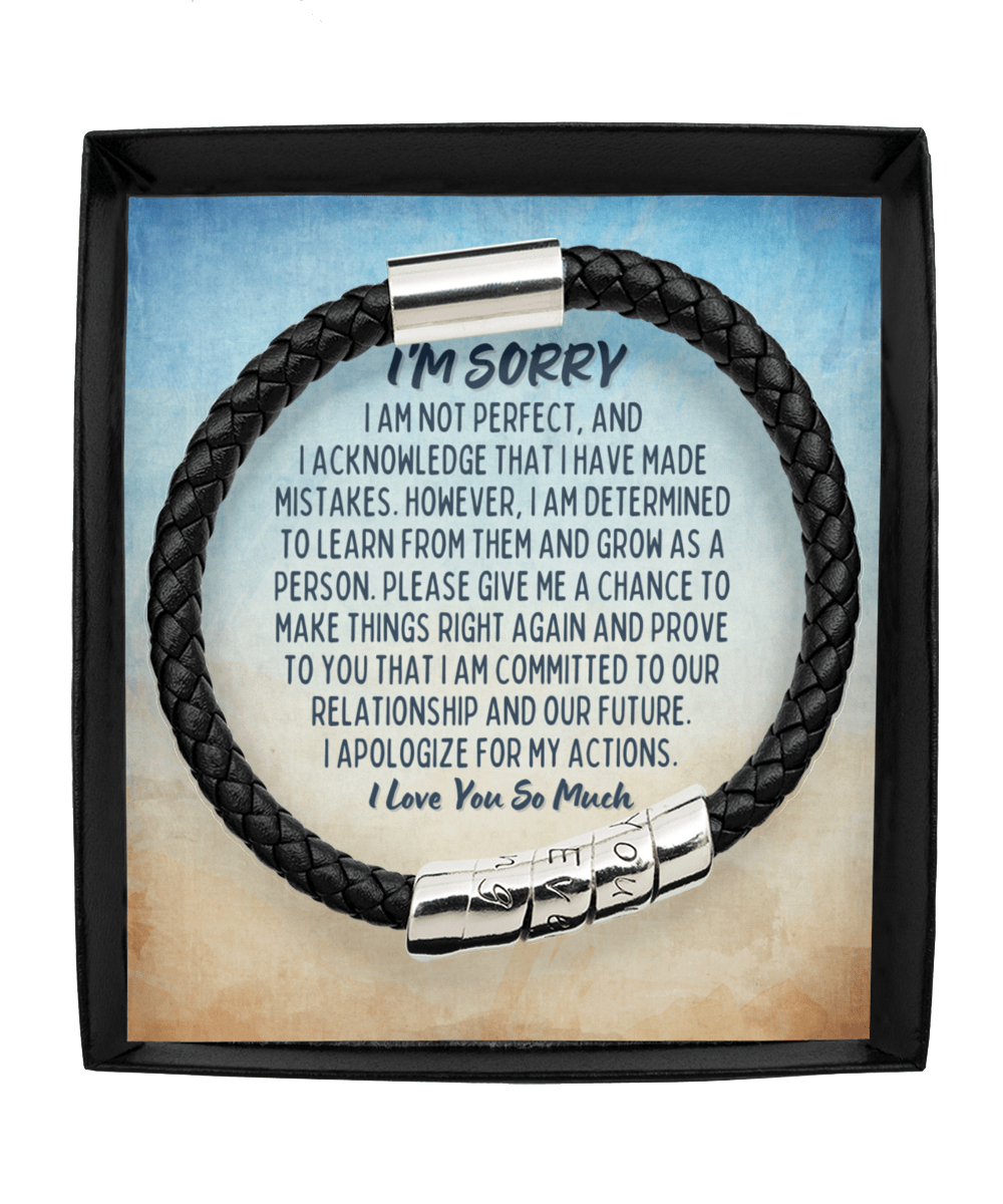 Apology Gift For Man - I'm Sorry Gift For Him - Vegan Leather Mens Bracelet - Forgiveness Gift For Boyfriend - Forgive Me Gift For Husband Man Black Bracelet