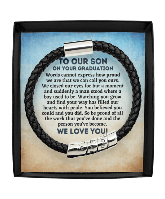 To Our Son Graduation Gift - Vegan Leather Bracelet - College Graduation Gift for Him - High School Graduate Jewelry Man Black Bracelet