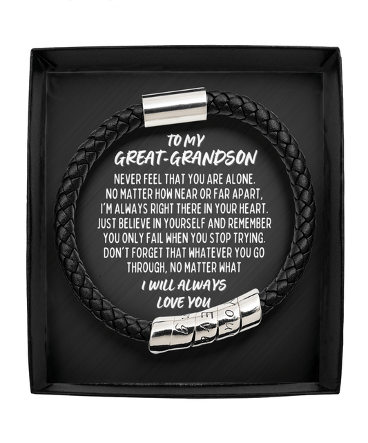 To My Great-Grandson Vegan Leather Bracelet - Graduation Gift for Great-Grandson - Motivational Birthday, Christmas, Wedding Gift Man Black Bracelet