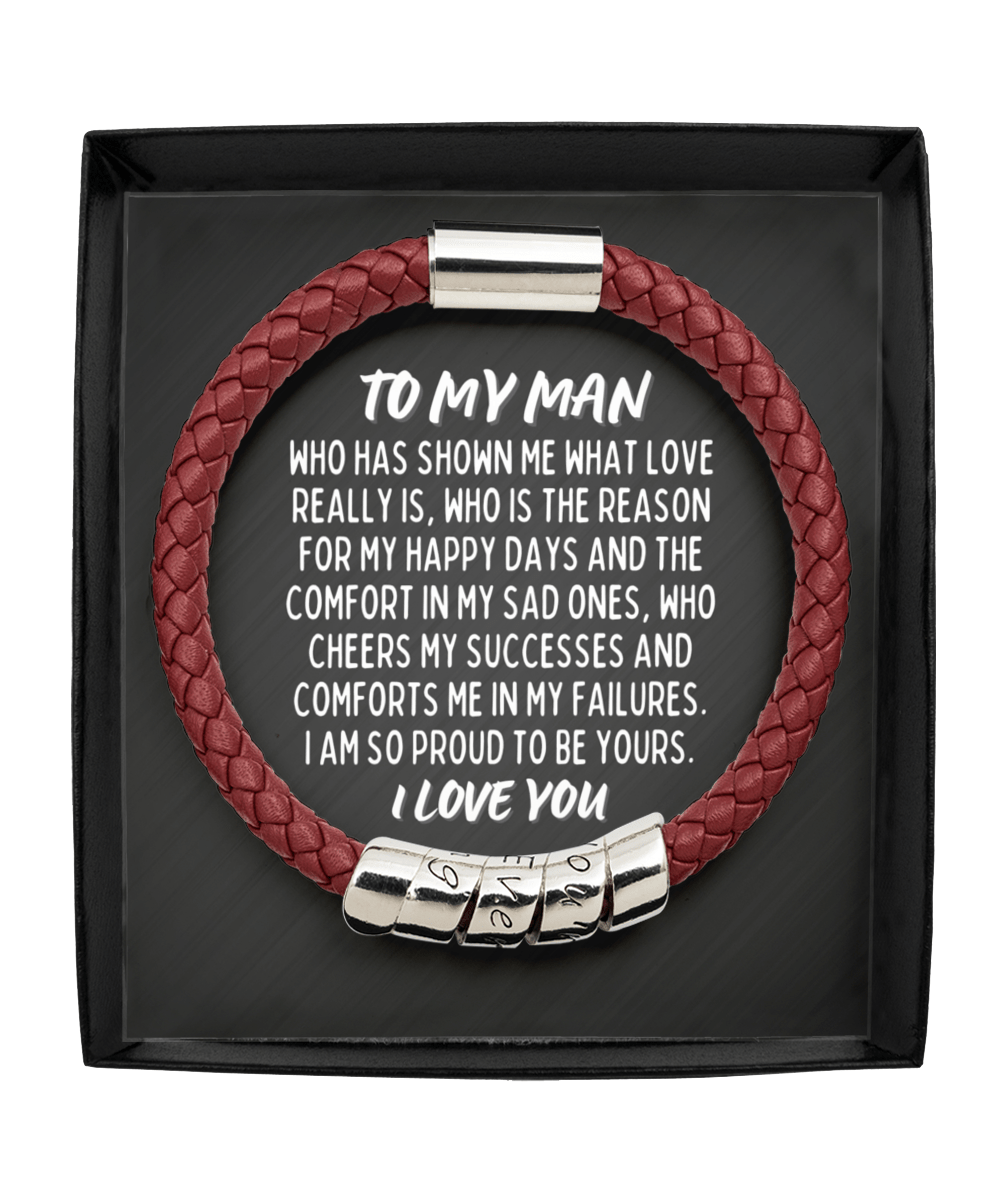 To My Man Vegan Leather Bracelet - Proud to be Yours - Gift for Husband, Boyfriend, Fiance, Soulmate - Anniversary Valentines Fathers Day Man Maroon Bracelet