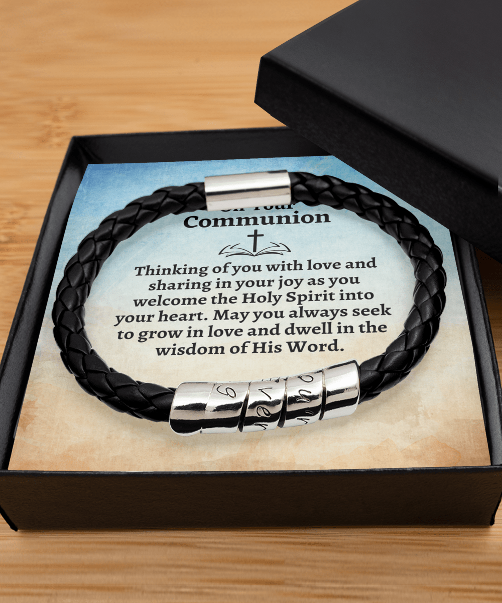 First Holy Communion Gift - Thinking of You - Catholic Leather Bracelet Gift for Teen Boys - Religious Gift for Adult Men - Godson Communion