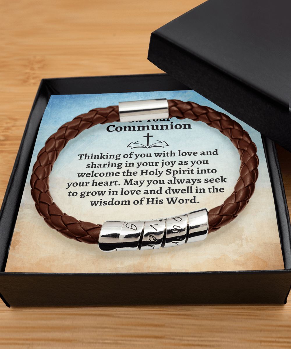 First Holy Communion Gift - Thinking of You - Catholic Leather Bracelet Gift for Teen Boys - Religious Gift for Adult Men - Godson Communion