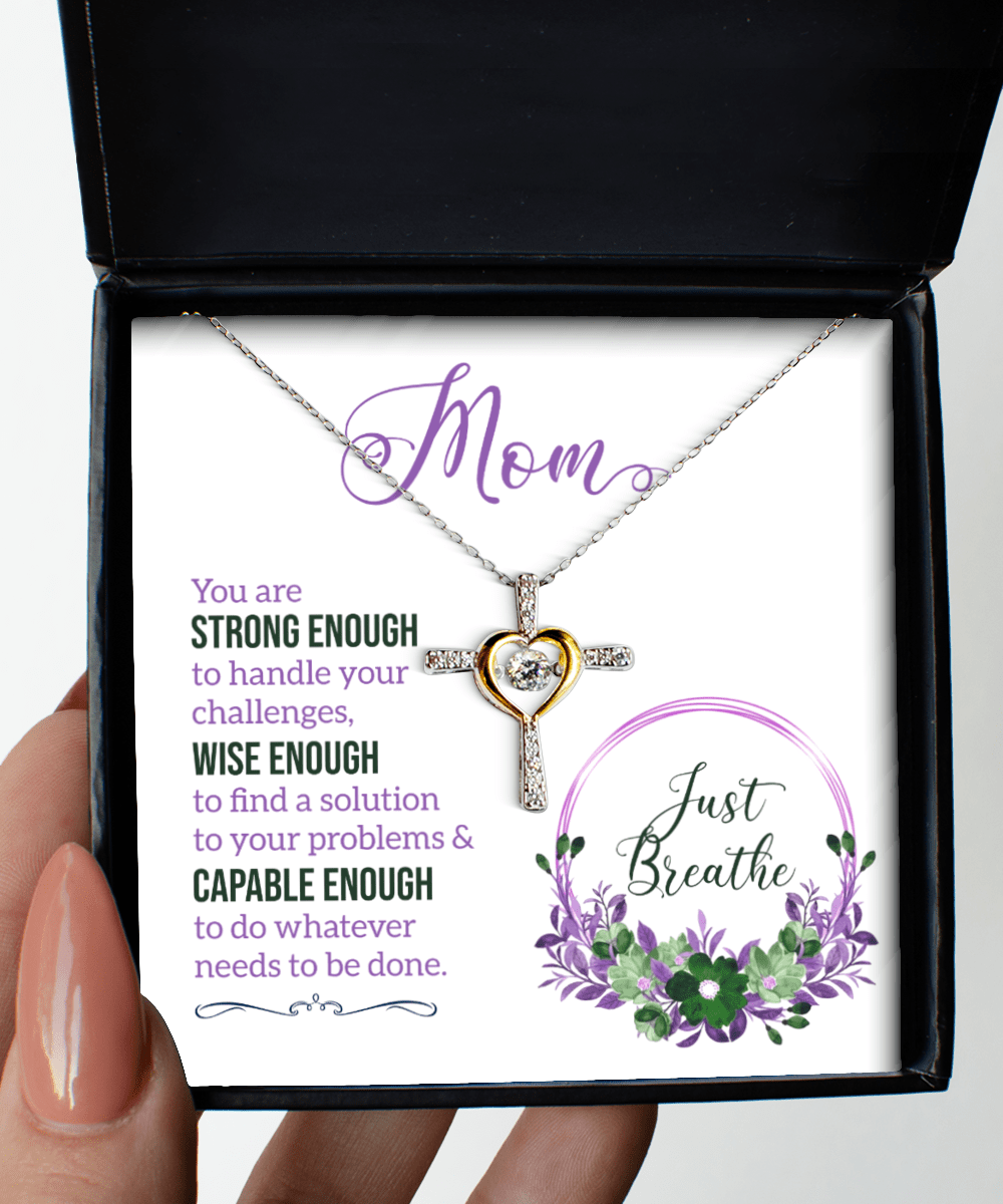 Mom Gifts - Just Breathe - Cross Necklace for Encouragement, Motivation, Mother's Day - Jewelry Gift for Mother