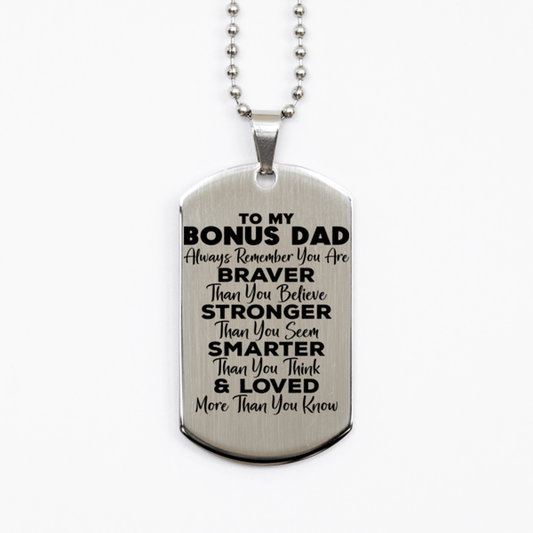 Motivational Bonus Dad Silver Dog Tag Necklace, Bonus Dad Always Remember You Are Braver Than You Believe, Best Birthday Gifts for Bonus Dad