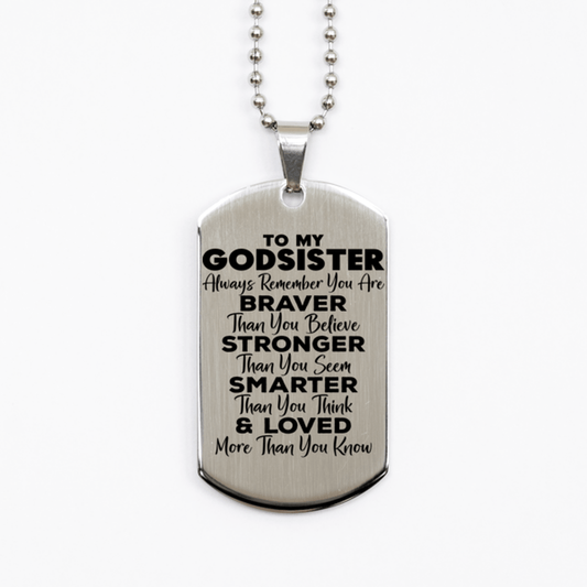 Motivational Godsister Silver Dog Tag Necklace, Godsister Always Remember You Are Braver Than You Believe, Best Birthday Gifts for Godsister