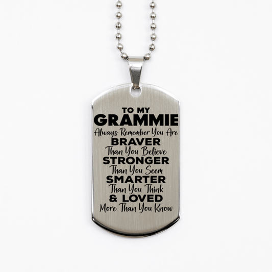 Motivational Grammie Silver Dog Tag Necklace, Grammie Always Remember You Are Braver Than You Believe, Best Birthday Gifts for Grammie