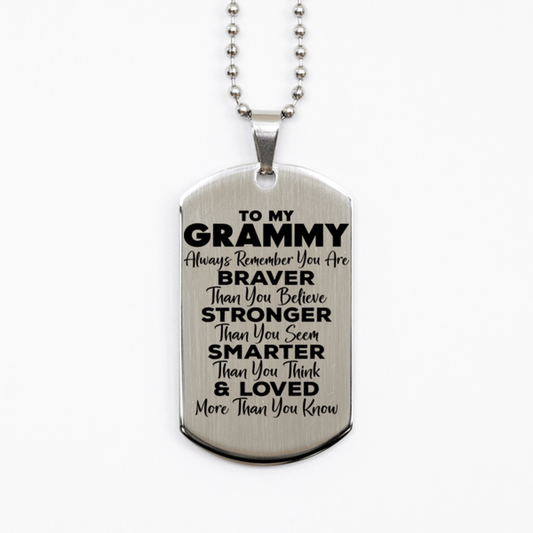 Motivational Grammy Silver Dog Tag Necklace, Grammy Always Remember You Are Braver Than You Believe, Best Birthday Gifts for Grammy