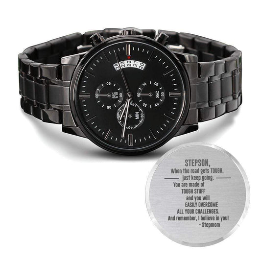 Motivational Stepson Engraved Black Watch - Gift for Stepson from Stepmom Standard Box
