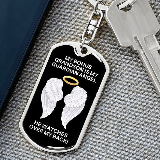 My Bonus Grandson Is My Guardian Angel Dog Tag Keychain - Watches Over My Back - Memorial Gift, Loss of Bonus Grandson Death, Sympathy Gift