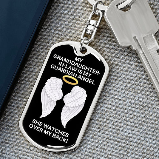 My Granddaughter-In-Law Is My Guardian Angel Dog Tag Keychain - Watches Over My Back - Memorial Gift, Loss, Death, Sympathy Gift