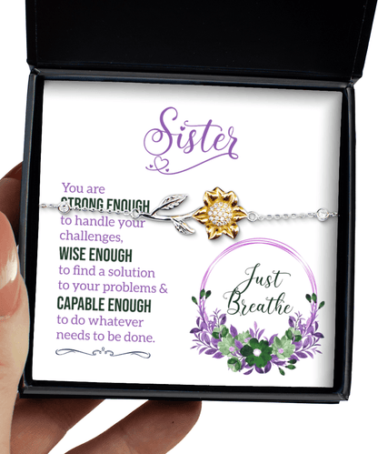 Sister Gifts - Just Breathe - Sunflower Bracelet for Encouragement, Motivation - Jewelry Gift for Sister