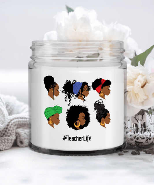 Teacher Life Black Woman Afro Headwraps Candle, Gift for Natural African-American Educators Black Girl Magic Candle