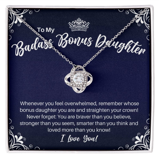 To My Badass Bonus Daughter Necklace - Straighten Your Crown - Daughter-in-Law Motivational Graduation, Stepdaughter Birthday Christmas Gift 14K White Gold Finish / Standard Box