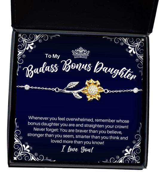 To My Badass Bonus Daughter Sunflower Bracelet - Straighten Your Crown - Daughter-in-Law Motivational Graduation, Stepdaughter Birthday Christmas Gift