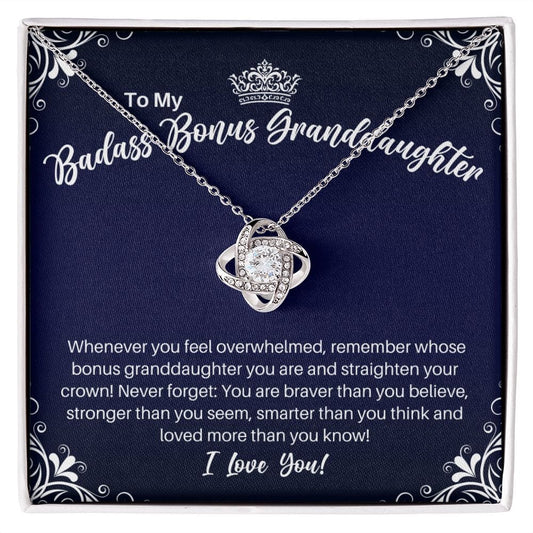 To My Badass Bonus Granddaughter Necklace - Straighten Your Crown - Motivational Graduation Granddaughter-in-Law Birthday Christmas Gift 14K White Gold Finish / Standard Box