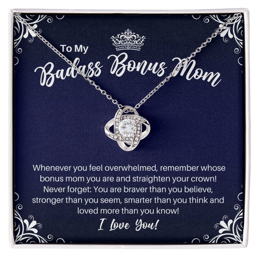 To My Badass Bonus Mom Necklace - Straighten Your Crown - Mother-in-Law Motivational Graduation Gift - Stepmother Birthday Christmas Gift 14K White Gold Finish / Standard Box