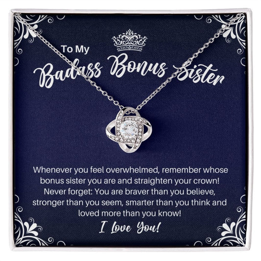 To My Badass Bonus Sister Necklace - Straighten Your Crown - Motivational Graduation Sister-in-Law Gift - Stepsister Birthday Christmas Gift 14K White Gold Finish / Standard Box