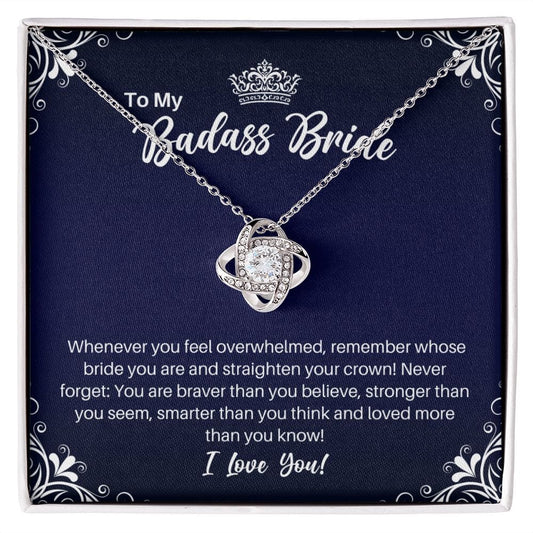 To My Badass Bride Necklace - Straighten Your Crown - Motivational Graduation Gift - Bride Wedding Birthday Christmas Gift 14K White Gold Finish / Standard Box