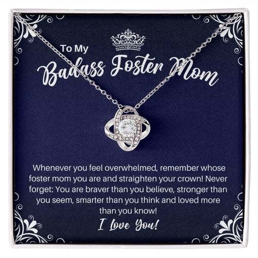 To My Badass Foster Mom Necklace - Straighten Your Crown - Motivational Graduation Gift - Foster Mom Birthday Christmas Gift 14K White Gold Finish / Standard Box