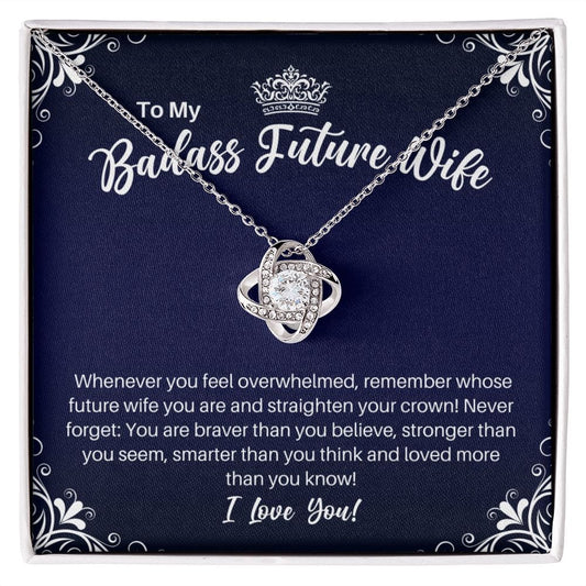 To My Badass Future Wife Necklace - Straighten Your Crown - Motivational Graduation Gift - Fiancee Anniversary Birthday Christmas Gift 14K White Gold Finish / Standard Box