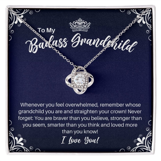 To My Badass Grandchild Necklace - Straighten Your Crown - Nonbinary LGBTQ, Motivational Graduation Gift, Grandchild Birthday Christmas Gift 14K White Gold Finish / Standard Box