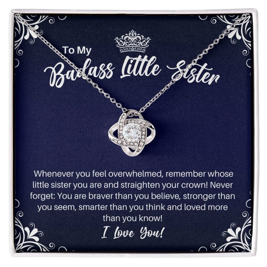 To My Badass Little Sister Necklace - Straighten Your Crown - Motivational Graduation Gift - Little Sister Birthday Christmas Gift 14K White Gold Finish / Standard Box