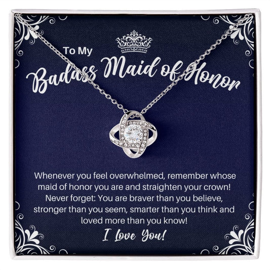 To My Badass Maid of Honor Necklace - Straighten Your Crown - Motivational Graduation Gift - Maid of Honor Wedding Birthday Christmas Gift 14K White Gold Finish / Standard Box