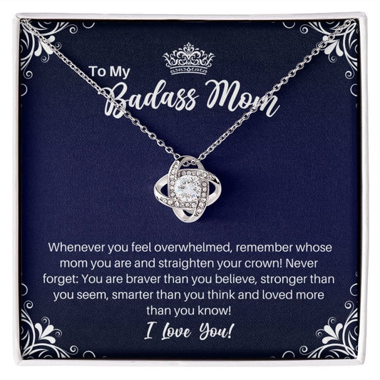 To My Badass Mom Necklace - Straighten Your Crown - Motivational Graduation Gift - Mother Birthday Mother's Day Christmas Gift 14K White Gold Finish / Standard Box