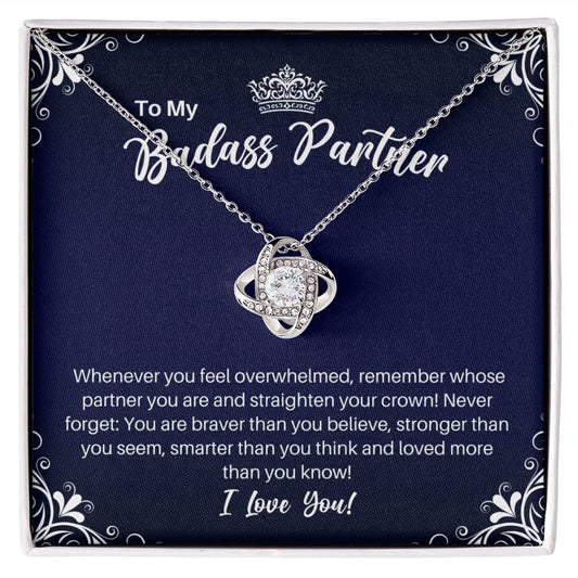 To My Badass Partner Necklace - Straighten Your Crown - Motivational Graduation Gift - Girlfriend Wife Fiancee Birthday Christmas Gift 14K White Gold Finish / Standard Box