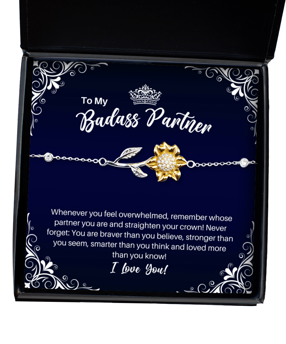 To My Badass Partner Sunflower Bracelet - Straighten Your Crown - Motivational Graduation Gift - Girlfriend Wife Fiancee Birthday Christmas Gift