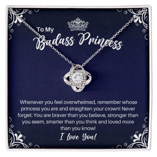 To My Badass Princess Necklace - Straighten Your Crown - Motivational Graduation Gift - Daughter Granddaughter Birthday Christmas Gift 14K White Gold Finish / Standard Box