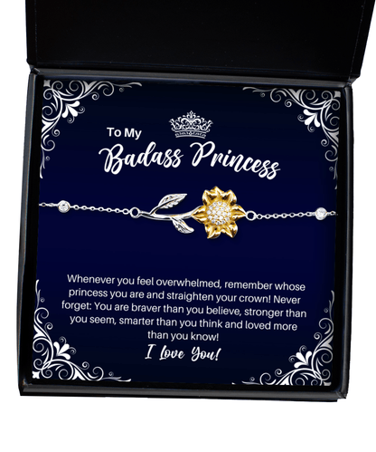 To My Badass Princess Sunflower Bracelet - Straighten Your Crown - Motivational Graduation Gift - Daughter Granddaughter Birthday Christmas Gift