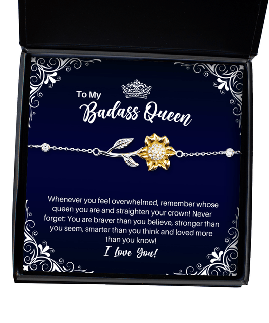 To My Badass Queen Sunflower Bracelet - Straighten Your Crown - Motivational Graduation Gift - Wife Girlfriend Fiancee Birthday Christmas Gift