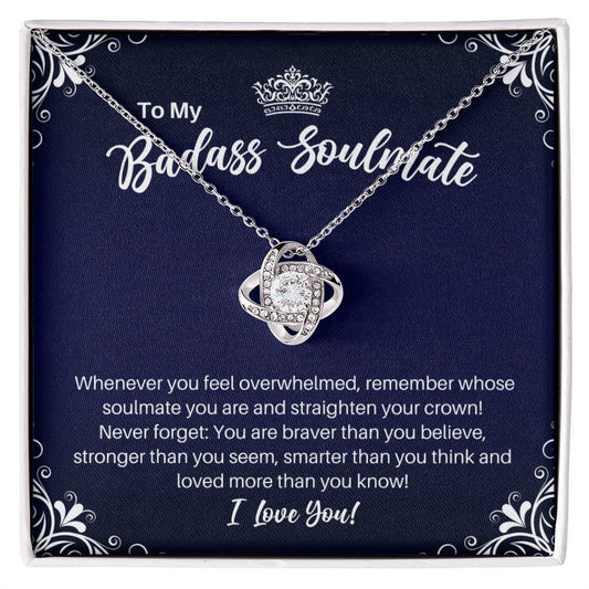 To My Badass Soulmate Necklace - Straighten Your Crown - Motivational Graduation Gift - Wife Girlfriend Fiancee Birthday Christmas Gift 14K White Gold Finish / Standard Box