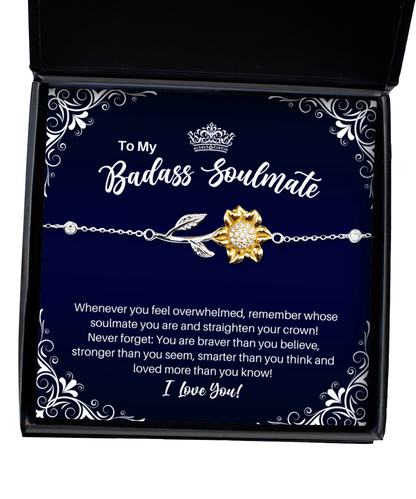 To My Badass Soulmate Sunflower Bracelet - Straighten Your Crown - Motivational Graduation Gift - Wife Girlfriend Fiancee Birthday Christmas Gift